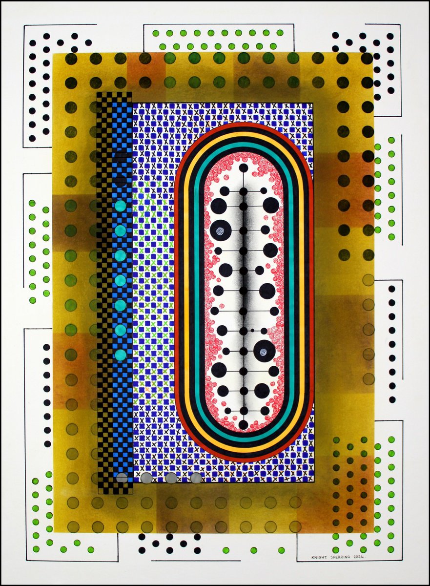 Geometric Abstract Ink Drawing By Knight Sherring, 22 X 30", Boat People., Original Artwork