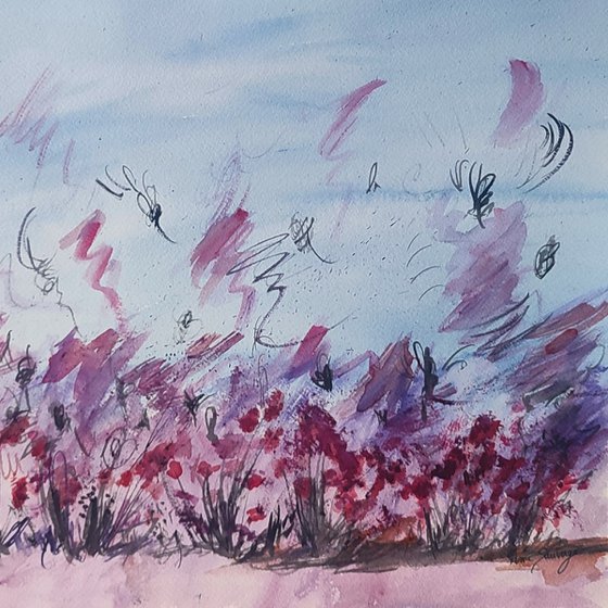 Fleurs rouges dans le vent - Watercolour