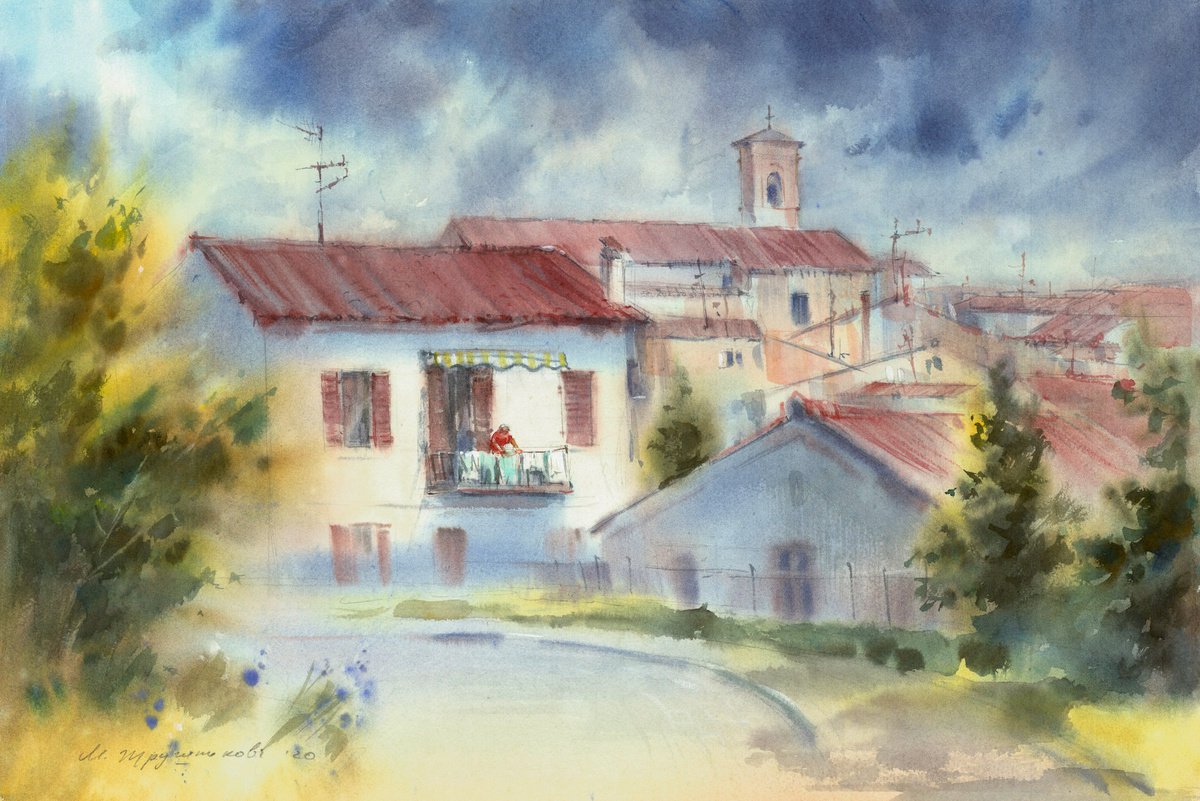 Fabriano. Before it started to rain. Watercolour by Marina Trushnikova. Cityscape. Archite... by Marina Trushnikova