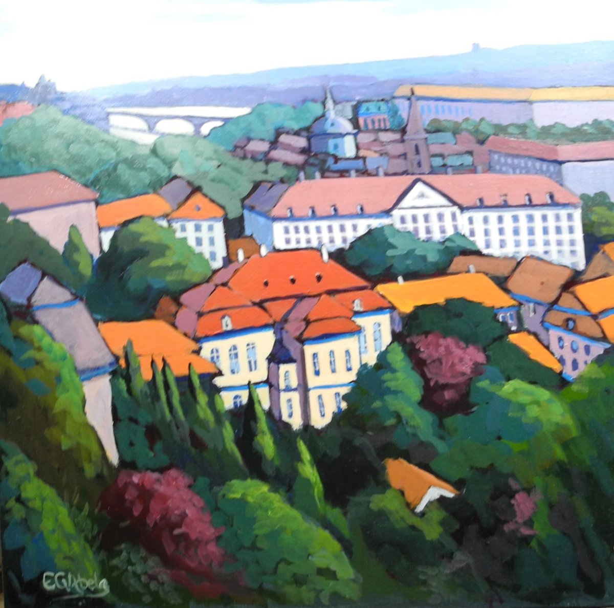 Impressionistic Landscape Acrylic Painting By Edward Abela, 20 X 20, Prague, Original Artwork