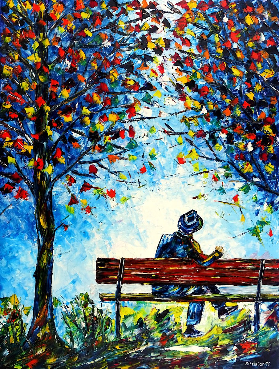 Expressive Oil Painting , Alone On A Bench By Mirek Kuzniar, 24 X 31, Artwork For Sale On Artfinder