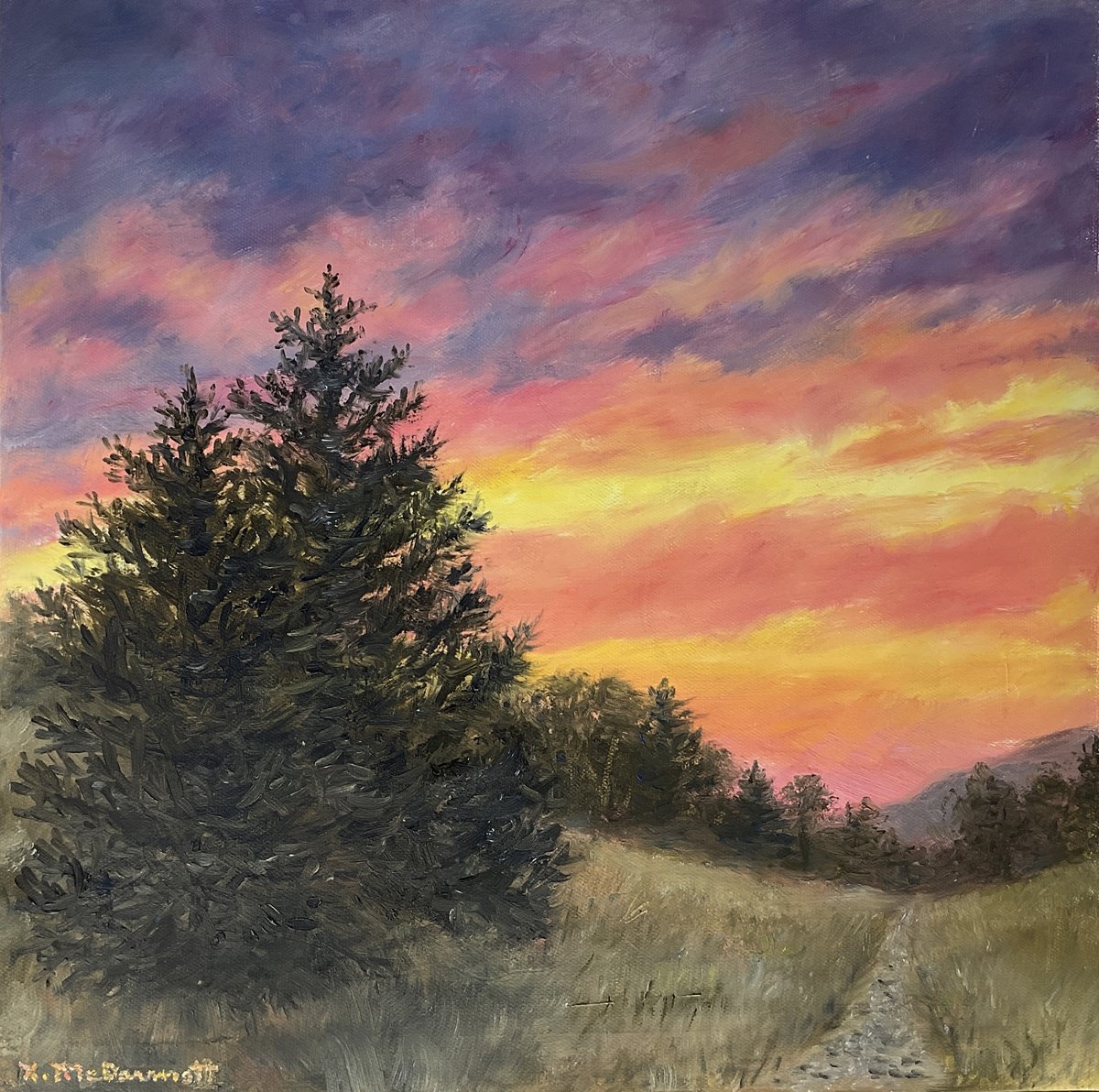 Impressionistic Landscape Oil Painting By Kathleen Mcdermott, 14 X 14", Twilight Pines # 5, Original Artwork