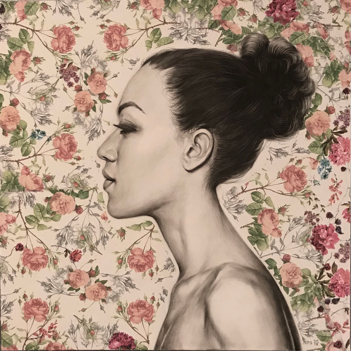 Photorealistic Portrait Pencil Drawing By Marina Popkova-Sologub, 24 X 24", Girls And Roses, Original Artwork