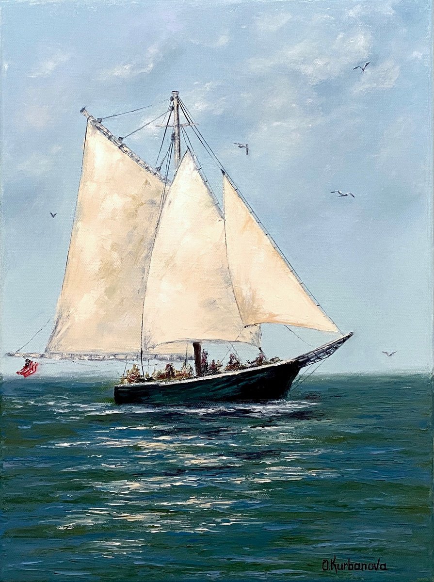 Impressionistic Animal Oil Painting By Olga Kurbanova, 12 X 16", Sailing Adventure, Original Artwork