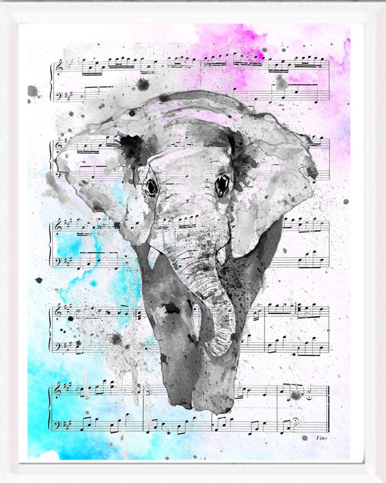 Elephant, watercolor on sheet music