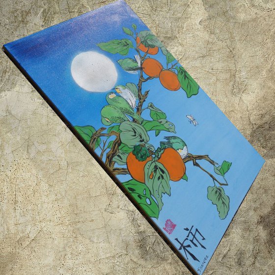 Persimmon brunch moon and birds Japan Hieroglyph original artwork in japanese style J099 ready to hang painting acrylic on stretched canvas wall art