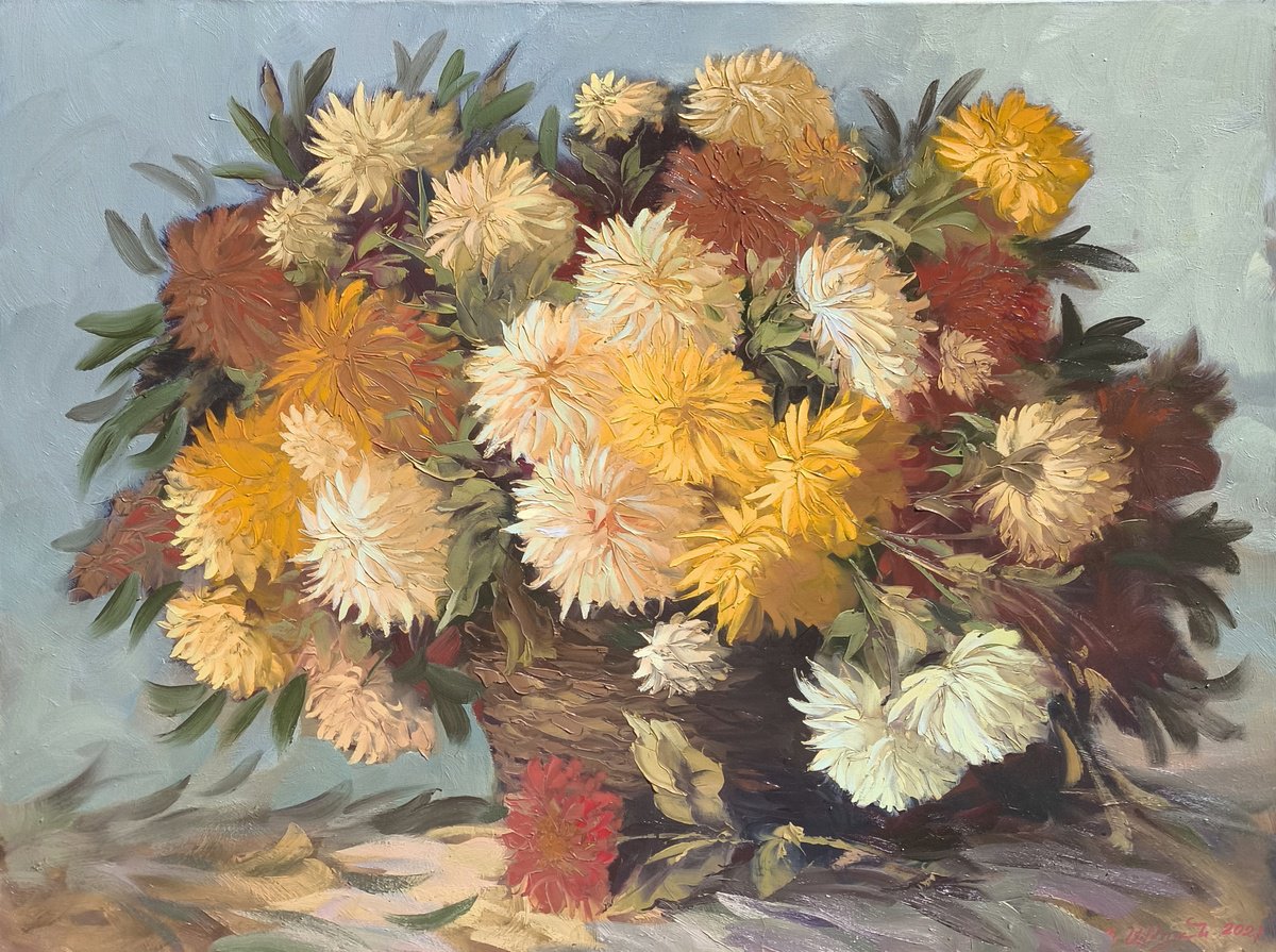 Impressionistic Botanical Oil Painting By Kamo Atoyan, 39 X 31", Chrysanthemum Cascade, Original Artwork