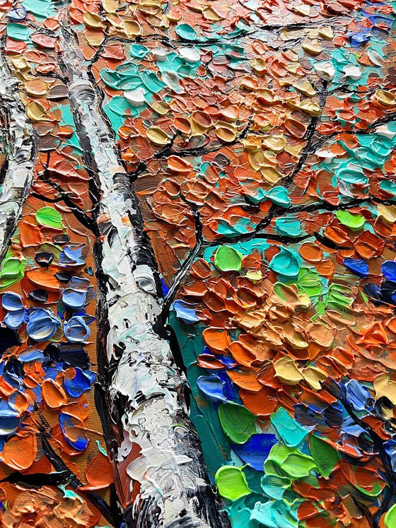 Entwined - 3D Textured Fall Gold Birch Trees Landscape Painting on Canvas, Original Abstract Nature Textured Tree Painting - SIZE: 24 X 32 INCHES (60 X 80 CM)