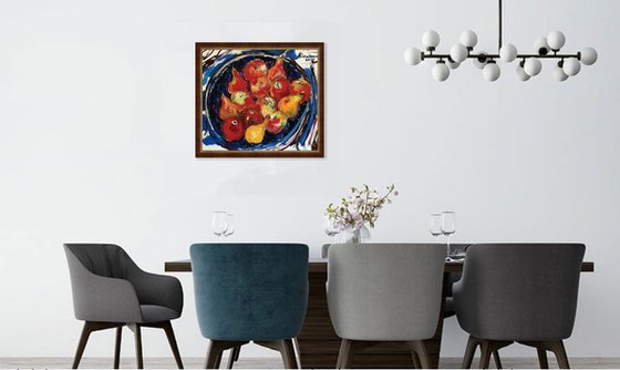 BLUE and RED - Still- life with fruits, original oil painting, mediim size gift, kitchen restaurant living room, dining room, birthday gift, apple pear, 73x85cm