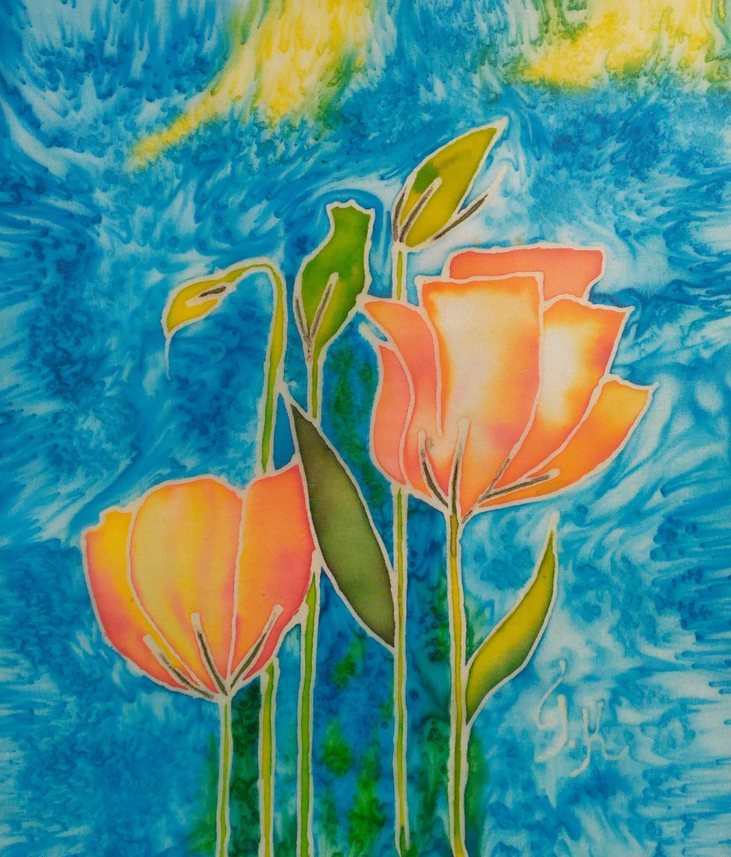 batik flowers acrylic painting on silk original artwork framed ready to hangFlower tender... by Halyna Kirichenko