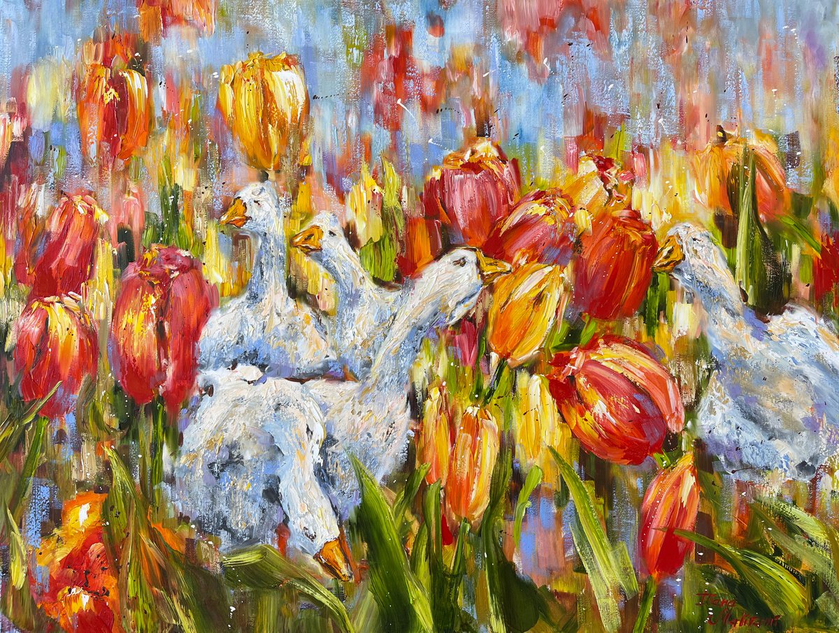 Impressionistic Animal Oil Painting By Diana Malivani, 31 X 24, Au Milieu Des Tulipes, Original Artwork
