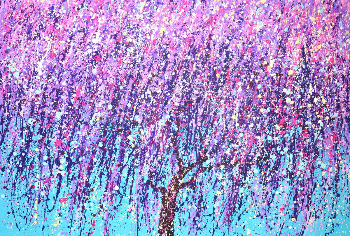 Expressive Botanical Acrylic Painting By Iryna Kastsova, 47 X 31, Blooming Purple Tree., Original Artwork