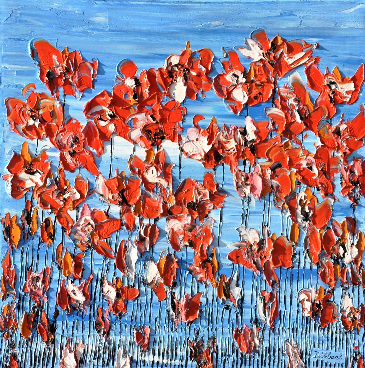 Impressionistic Botanical Oil Painting By Daniel Urbani?k, 16 X 16, Poppies On Blue Sky 4, Original Artwork