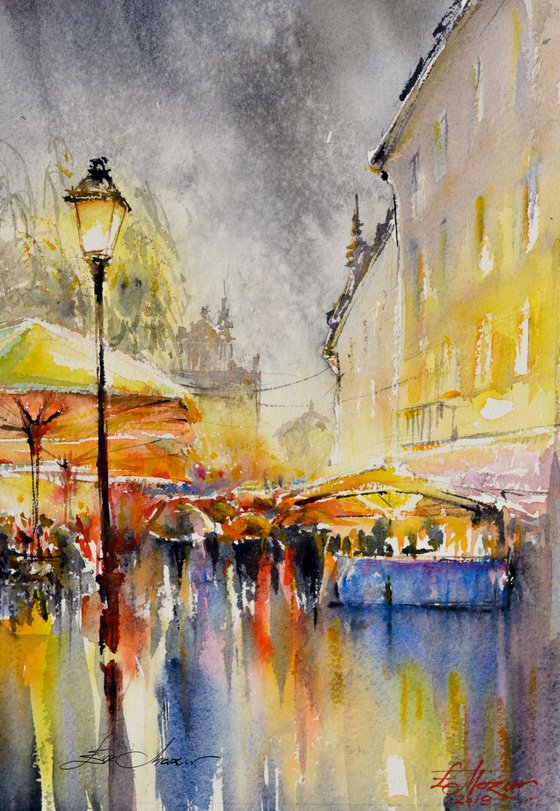City street in the rainy day watercolor painted.