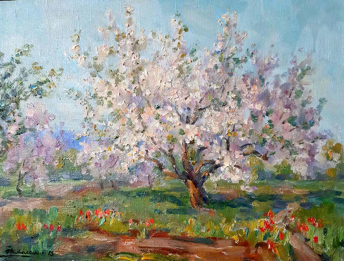 Impressionistic Landscape Oil Painting By Ivan Kovalenko, 16 X 12, Apricots Bloom, Original Artwork