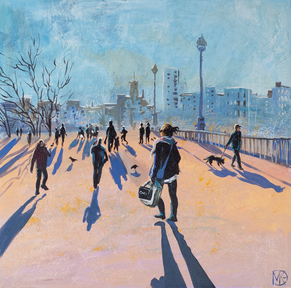 Impressionistic Cityscapes Acrylic Painting By Maria Kireev, 39 X 39", Winter City Shadows, Original Artwork