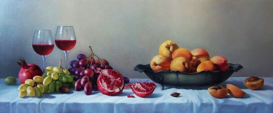 Still life with wine and fruits (50x120cm, oil painting, ready to hang)