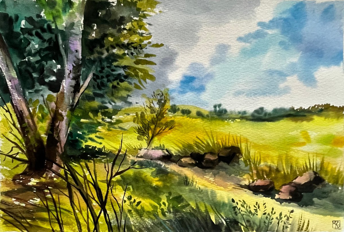 Impressionistic Landscape Watercolour By Maria Kireev, 14 X 9", The Hills Of Galilee #2, Original Artwork