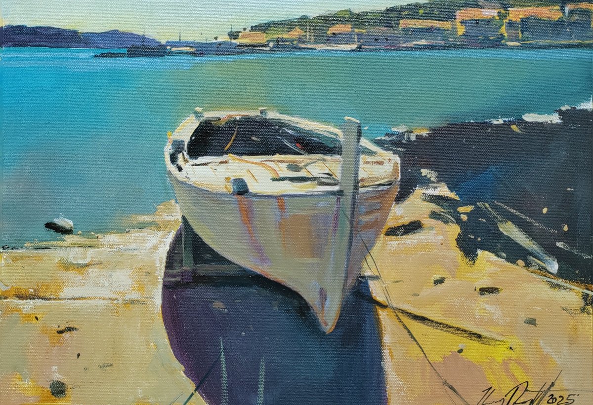 Impressionistic Landscape Oil Painting By Robert Kormos, 15 X 11", Boat On The Sunlit Seashore, Original Artwork