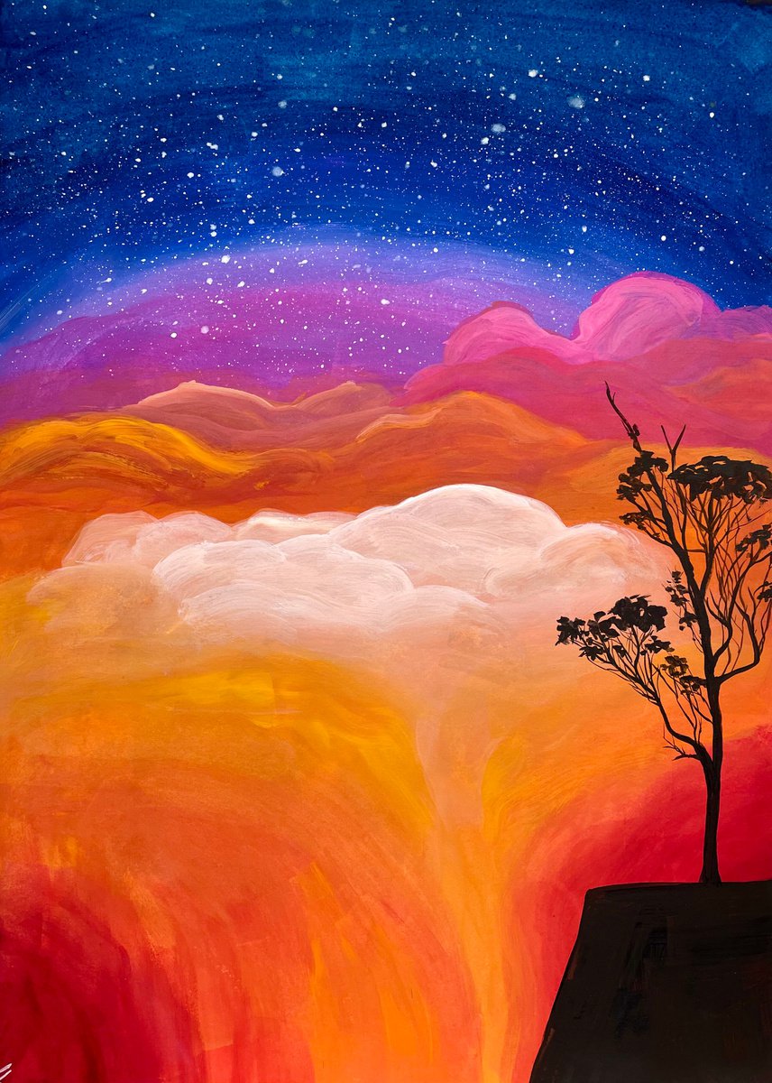 Sunset Sky Original Gouache Painting, Landscape Artwork, Boho Home Decor by Kate Grishakova