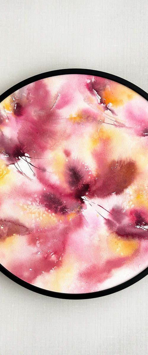 Pink flowers round painting by Olga Grigo