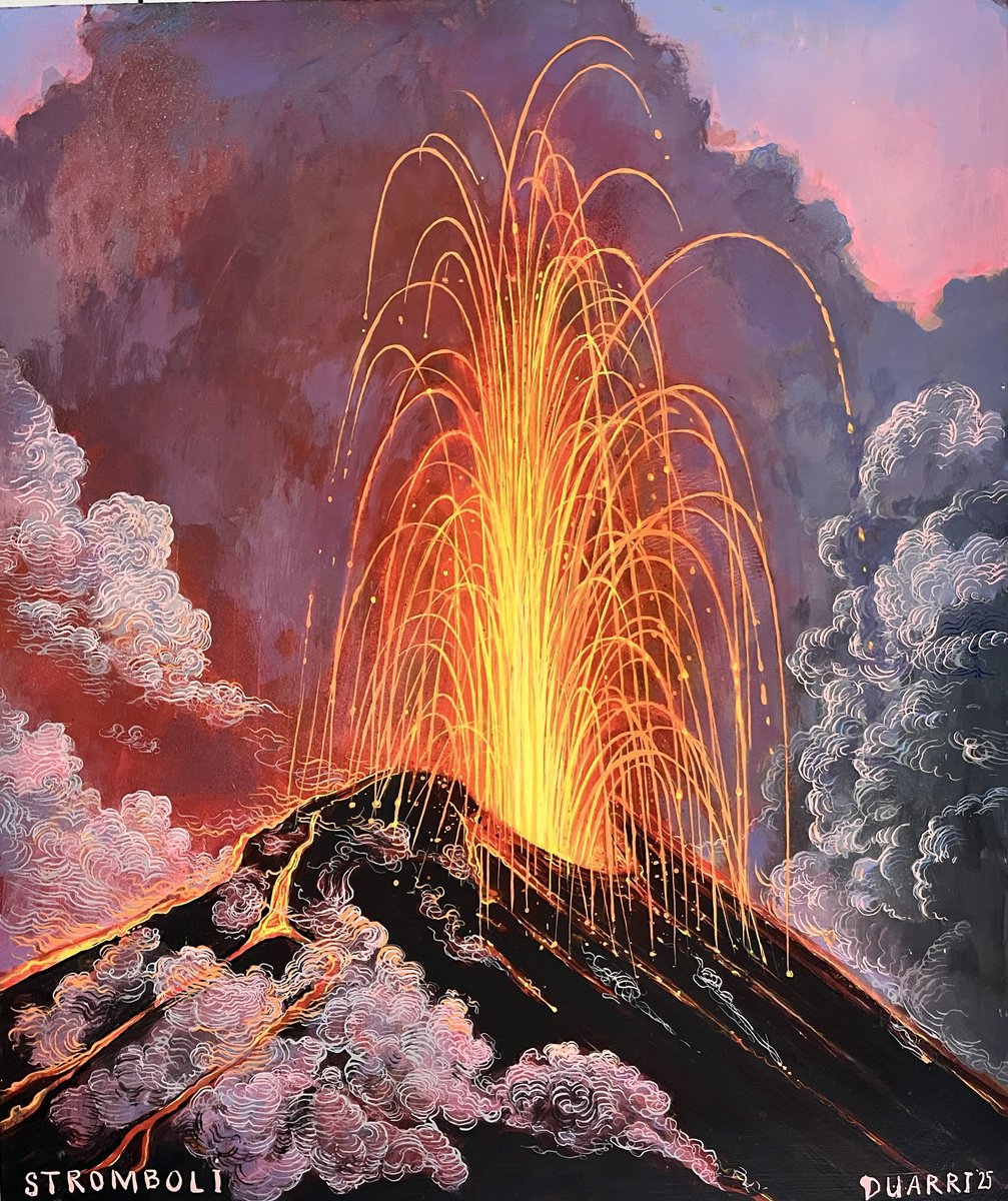 Illustrative Landscape Acrylic Painting By Benjamin Duarri, 23 X 29, Stromboli 2025, Original Artwork