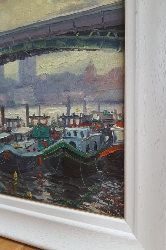 Boats Moored On The Thames At Battersea, oil painting