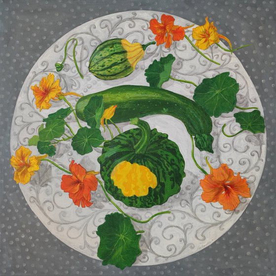 Courgette and two decorative pumpkins