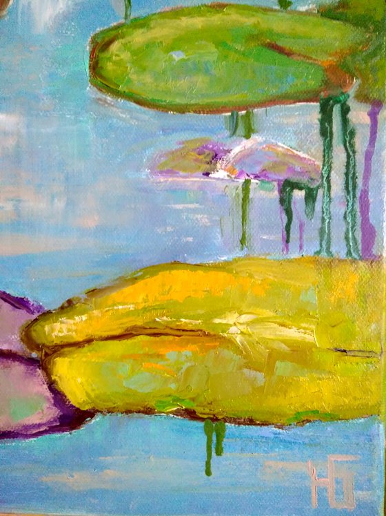 Nympheas 2, Nympheas Water Lily Painting Original Art Lotus Floral Wall Art Monet Pond Landscape, 50x50 cm, ready to hang.