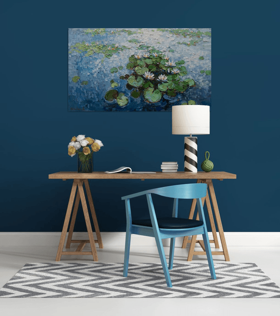 White Water Lilies - Large Original Oil painting 120 x 70 cm