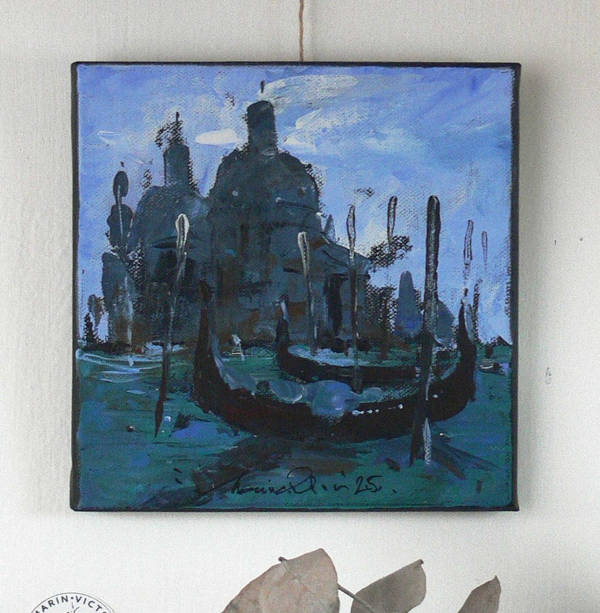 Impressionistic Cityscapes Acrylic Painting By Marin Victor, 8 X 8", Venice Canal Grande In Blue, Original Artwork