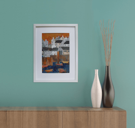 Harbour, collage with orange sky