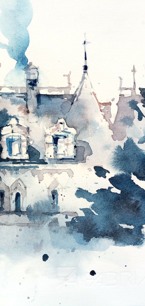 City scene in monochrome colors - Original watercolor painting by Ksenia Selianko