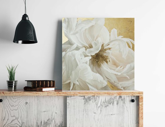 "Silk Flowers 3" White and gold peonies art