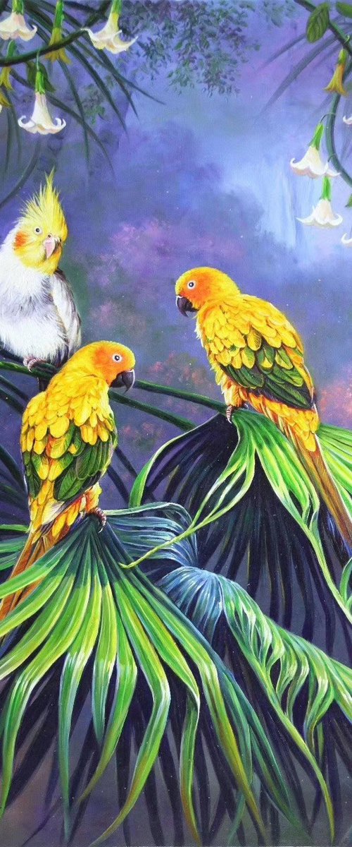 Parrots and flowers by Kunlong Wang