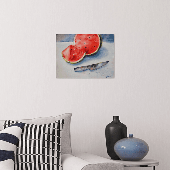 Watermelon and knife - original watercolor