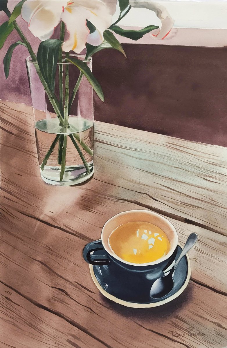 Photorealistic Still Life Watercolour By Tatiana Paravisini, 15 X 23", A Cup Of Tea And Lilies, Original Artwork