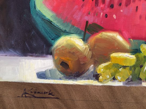 Still life with grapes and watermelon