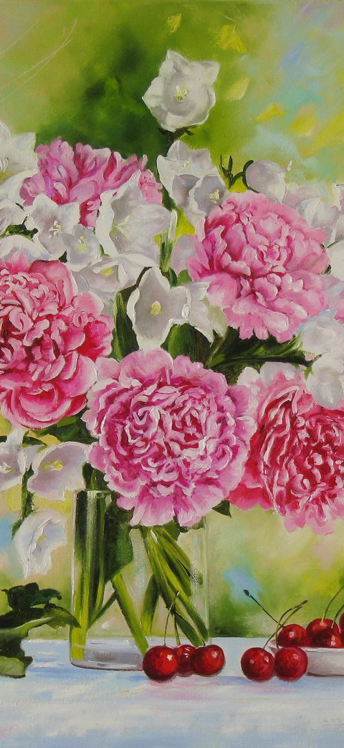 Peony and Garden Bells, Floral Still Life by Natalia Shaykina