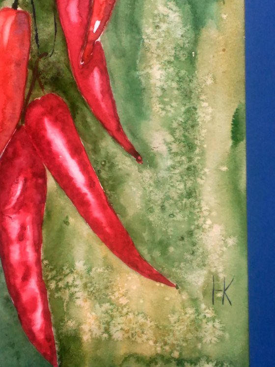 Chili Peppers Painting Food Original Art Vegetable Watercolor Artwork Home Wall Art 8 by 18" by Halyna Kirichenko