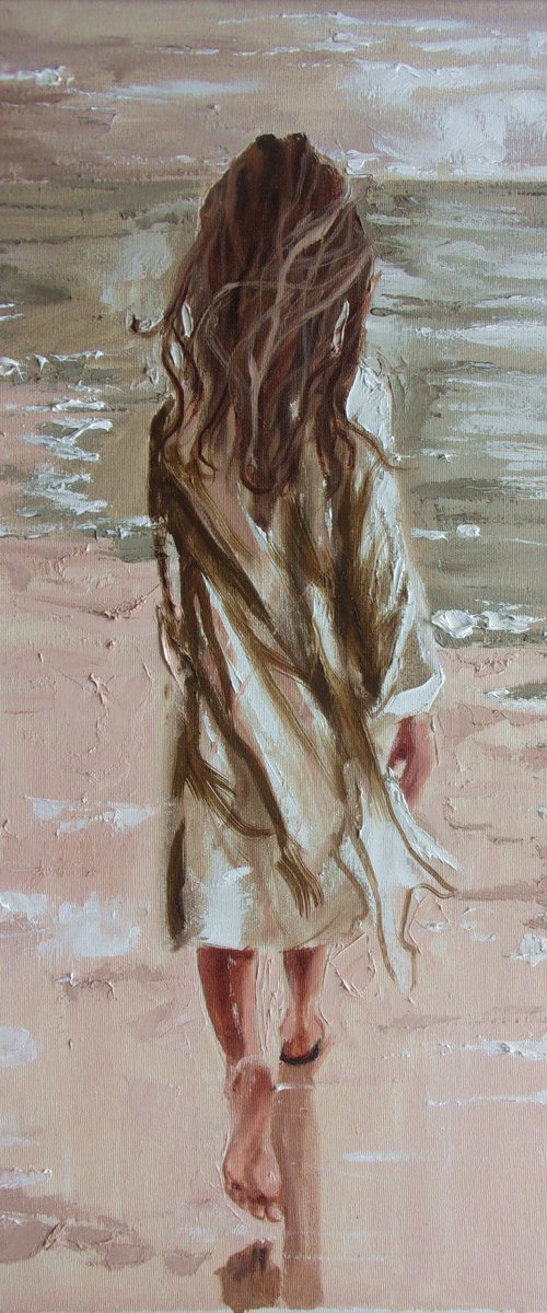 " JUST WALKING " SEA original painting palette knife GIFT MODERN URBAN ART OFFICE ART DECOR HOME DECOR GIFT IDEA by Monika Luniak