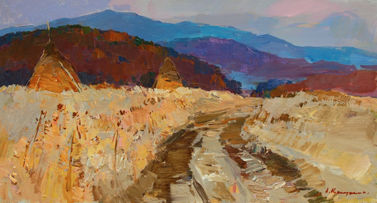 Impressionistic Landscape Oil Painting By Aleksandr Kryushyn, 30 X 16, Mountain Pass, Original Artwork