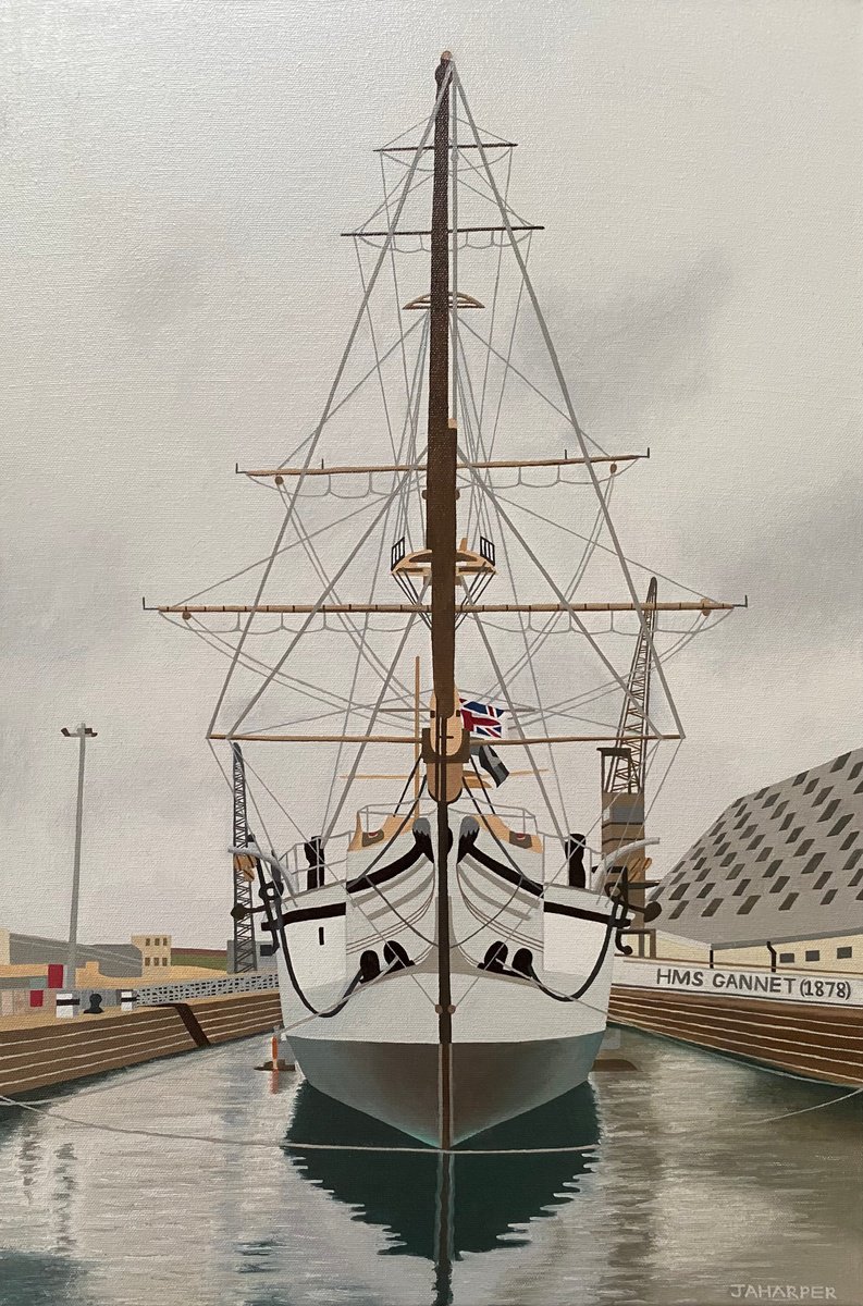 Photorealistic Transport Oil Painting By Jill Ann Harper, 16 X 24, Hms Gannet, Original Artwork