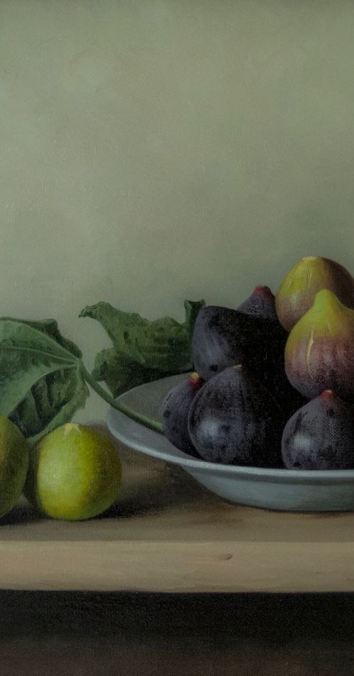 Three types of figs, 40x50cm, oil on linen 2018, original classic still life by Davit Davtyan