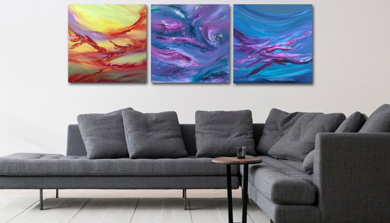 Revolving time, Full Series  - Triptych n° 3 Paintings, Deep edges, Original abstract, oil on canvas