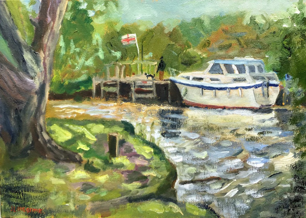 Boat on the river Stour - an original oil painting by Julian Lovegrove Art