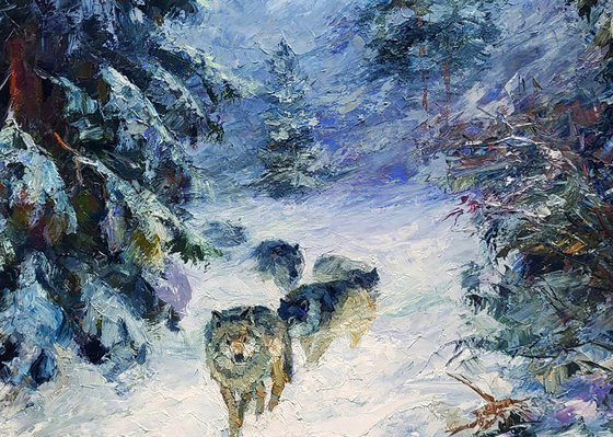 Wolf Pack In The Winter Forest