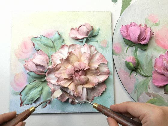 Pink peonies impasto landscape - three-dimensional painting, 25x25x5 cm