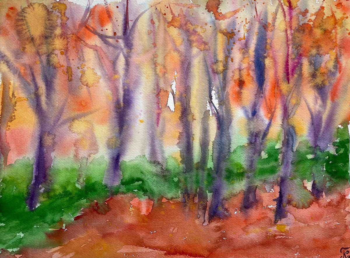 Fall Forest Watercolor Painting, Autumn Landscape Original Artwork, Orange Wall Decor by Kate Grishakova