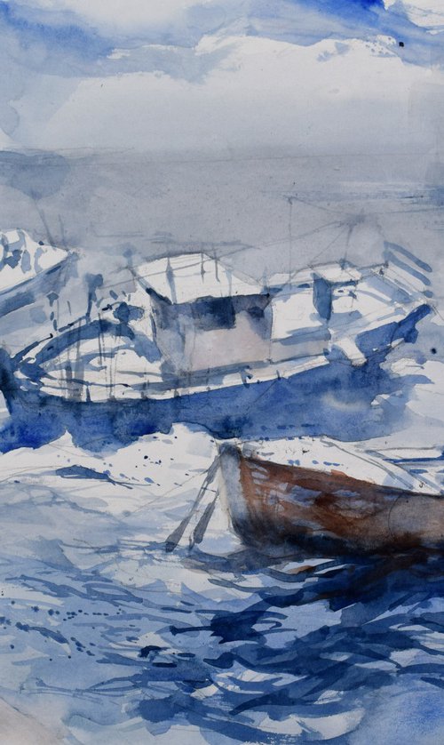 Boats in rough sea by Goran Žigolić Watercolors